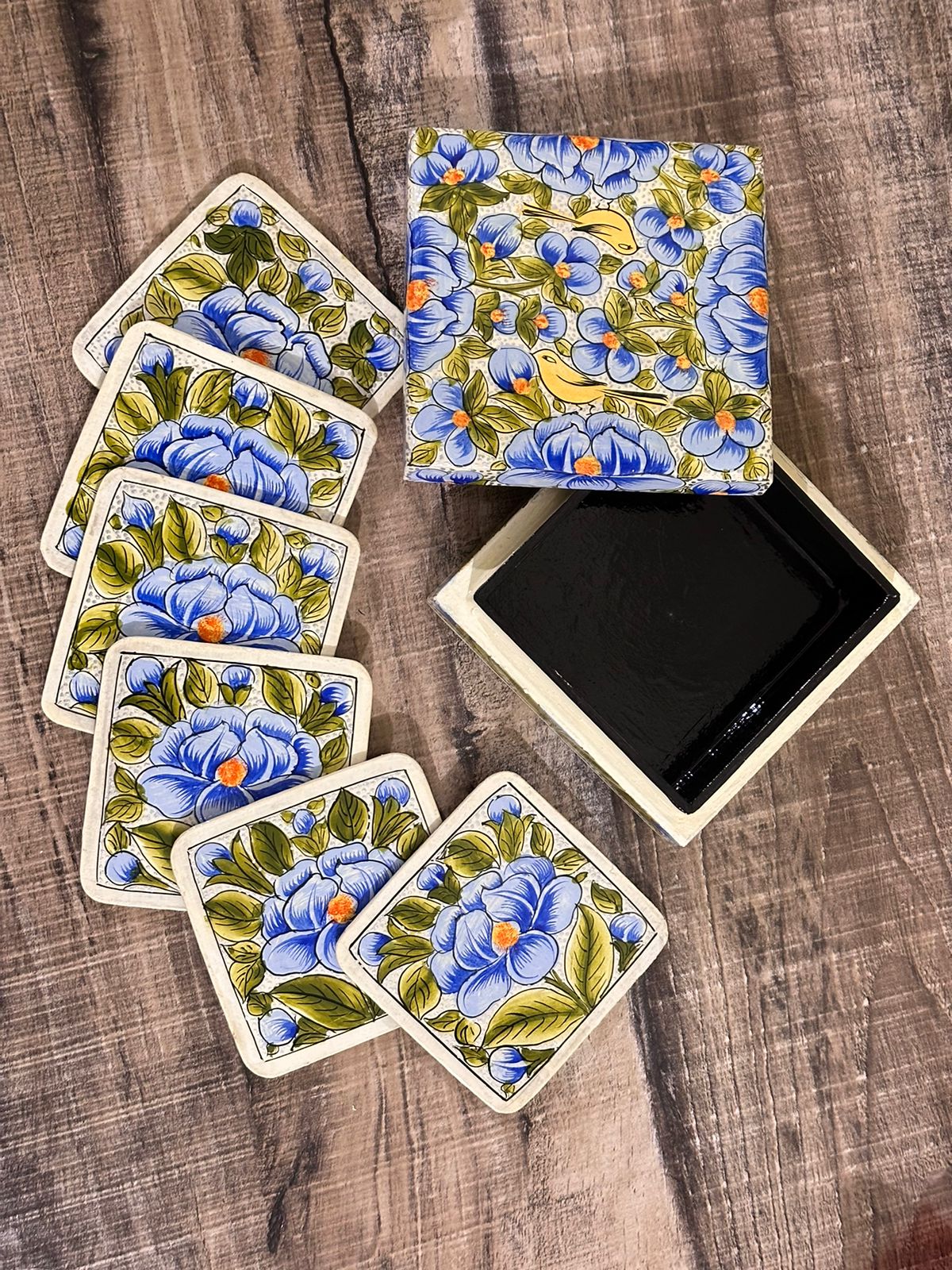 Kashmiri Paper Mache Coaster Set ( 6 coasters ) with Trinket Box . Hand Painted Paper Mache Box 